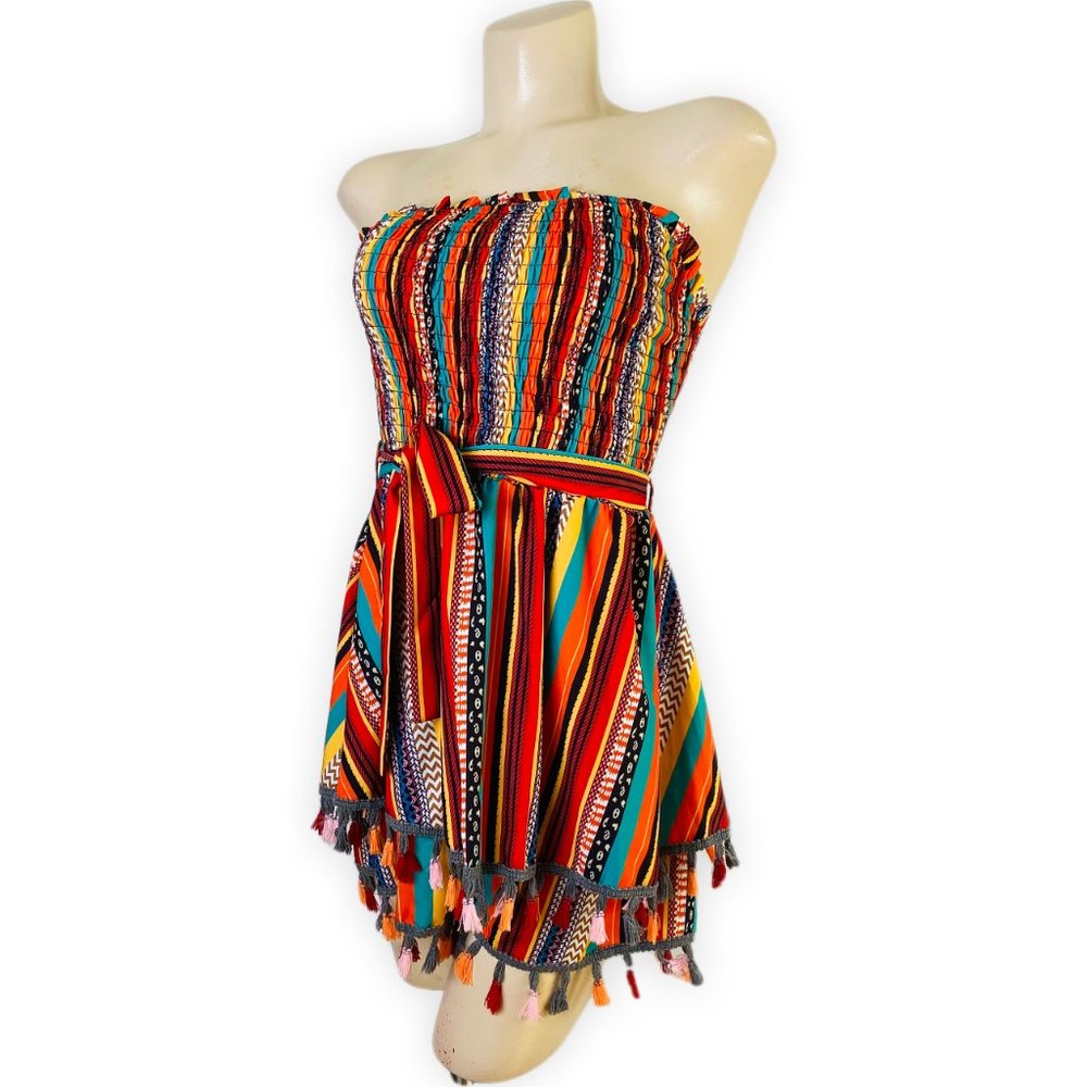Boho Strapless Romper Multicolor Tassel Trim Summer Vacation Festival M - Picture 9 of 10